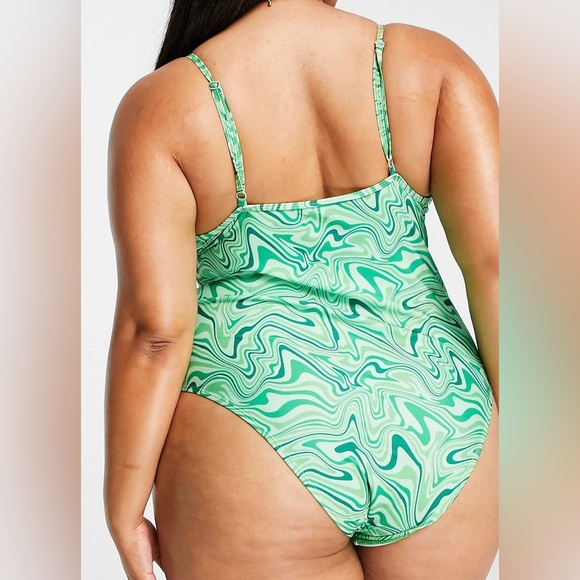 BRAVE SOUL SQUARE NECK SWIMSUIT W/ ADJUSTABLE STRAPS IN GREEN SWIRL PRINT NWT - Picture 3 of 6